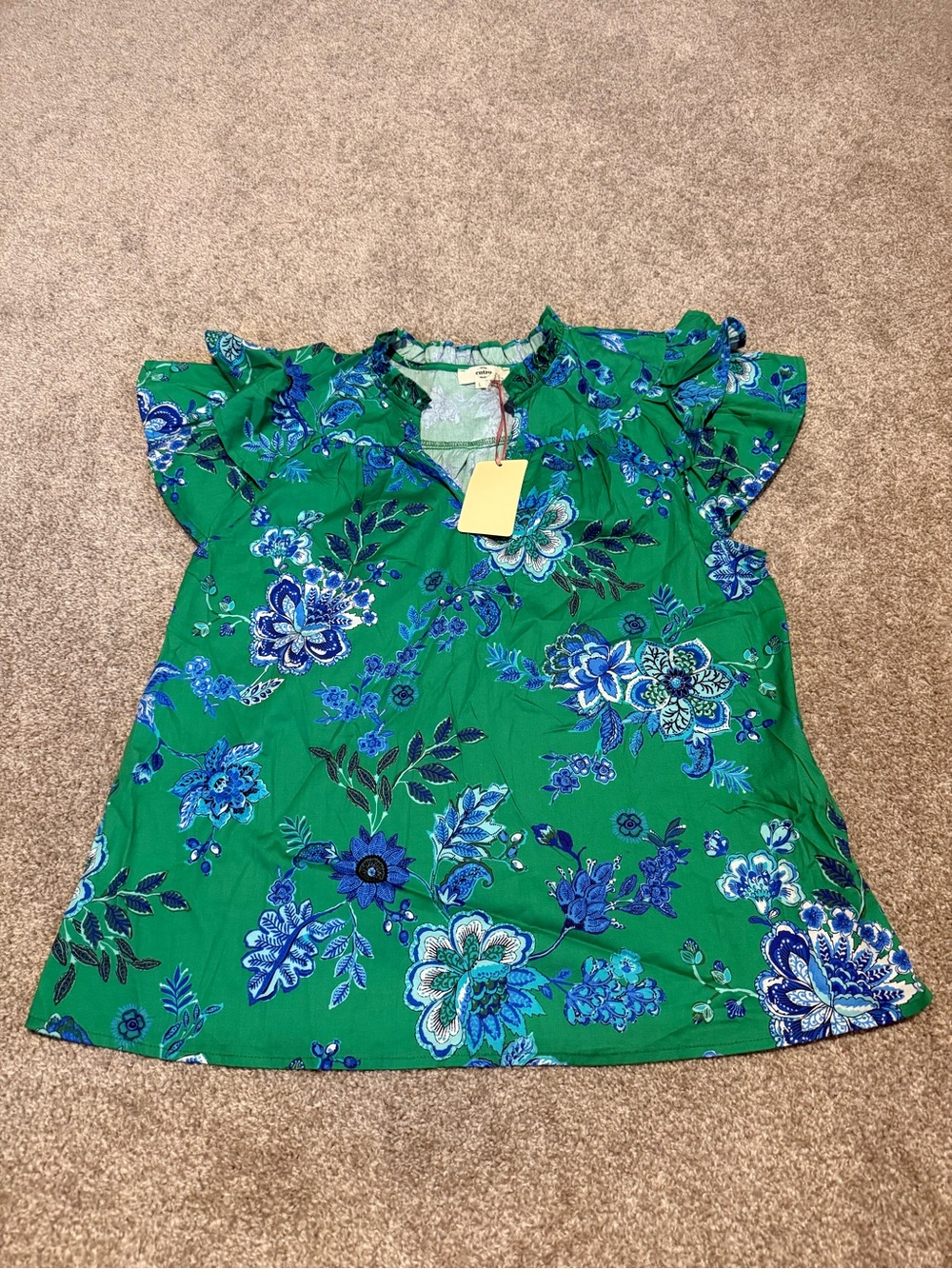 Entro Green Floral Flutter Sleeve Blouse - Picture 1 of 8